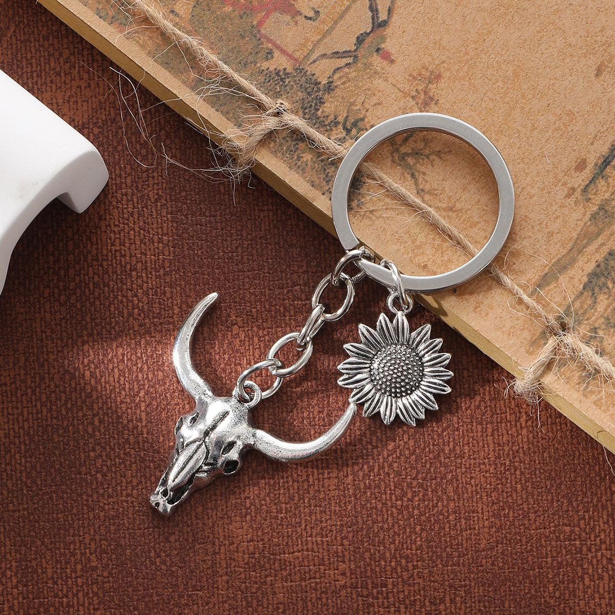 Wholesale Alloy Western Style Bull Head Sunflower Keychain